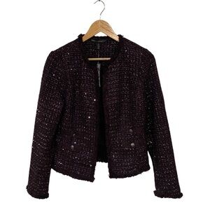NWT Tweed Metallic Sequins Open Front Blazer Jacket Plum Purple Black Size 8